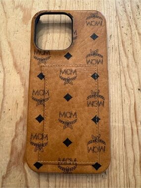 Designer MCM Cognac Leather Phone Case with Card Pocket for iPhone 14 ProMax